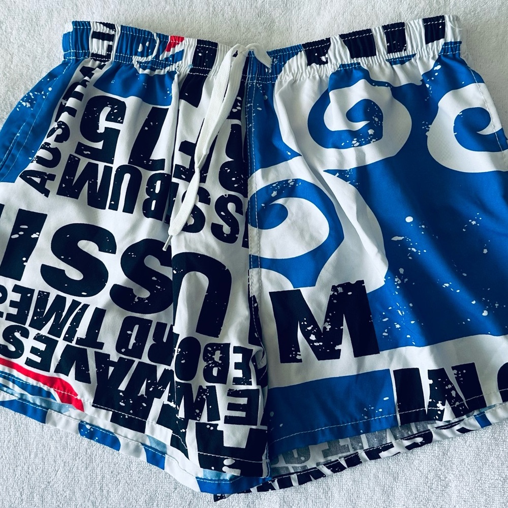 Preowned Swimming Trunks Aussie Bum Blue White Black Lettering Size L